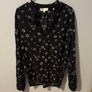 Italian Womens‎ Black Floral Cotton Crochet Lace Trim V-Neck Blouse Large